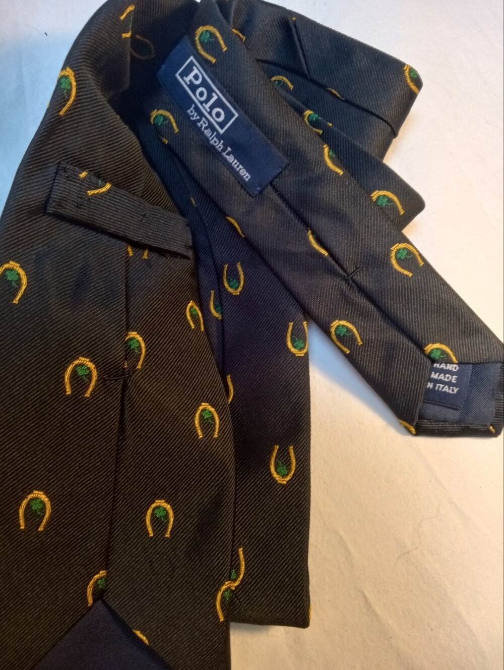 Polo Ralph Lauren Navy Silk Tie with Yellow and Green Horseshoe Embroidery
